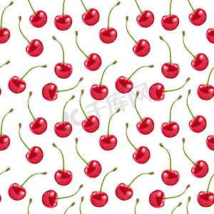 绿色食物插图摄影照片_白色孤立背景上的插图现实主义无缝图案浆果红樱桃