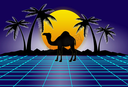 80 年代风格的科幻，蓝色背景，黑色山脉、棕榈树和骆驼后面有黄色日落。