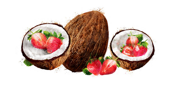 白色背景上的水彩椰子和草莓