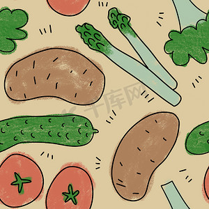 手绘无缝图案与蔬菜素食素食设计。