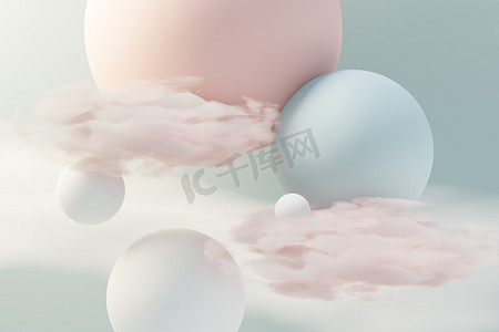 3D 渲染柔和的球、肥皂泡、漂浮在空中的蓬松云彩和海洋的斑点。