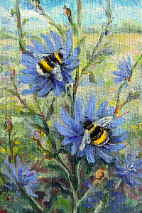 蓝色工笔画摄影照片_大黄蜂和夏天的花朵，油画