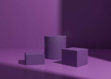 展台紫色摄影照片_用于产品展示的简单最小紫色三讲台或展台组合。