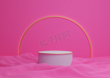 明亮的洋红色、霓虹粉红色 3D 渲染豪华产品展示台或展台最小的组合，背景和灯光中带有金色拱门线