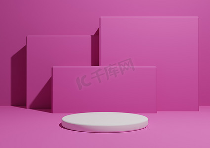 明亮的洋红色、霓虹粉红色、3D 渲染一个简单、最小的产品展示构图背景，背景中有一个讲台或支架和几何方形形状。