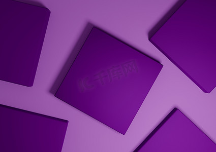紫色讲台摄影照片_亮紫色、紫色、3D 渲染最小、简单的顶视图平躺产品展示背景，带有讲台支架和几何形状