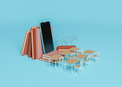 教室前面的书本和桌子上有手机