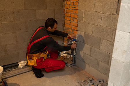 建筑、职业和人员概念 — 建筑商或水管工在锅炉房使用水管