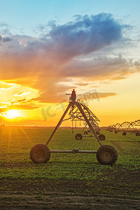 灌溉摄影照片_日落时的自动化农业灌溉系统