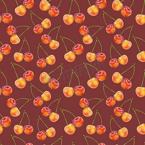 绿色食物插图摄影照片_深棕色背景上的插图现实主义无缝图案浆果橙色樱桃