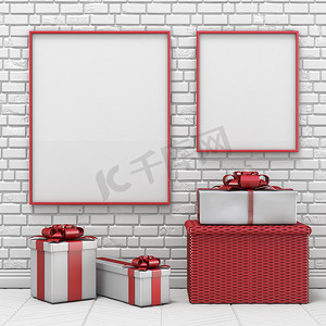 礼物盒盒相框摄影照片_模拟空白相框、圣诞装饰和礼物 3D