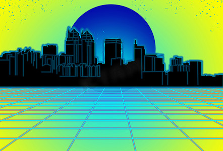 80 年代风格的科幻，黄色背景与黑色城市景观背后的蓝色日落。
