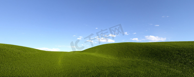 绿色草地和明亮的蓝天的 3D 渲染图像。