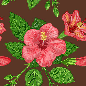 木槿植物无缝图案的插图-背景上植物的花和叶
