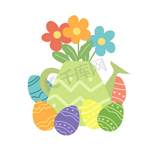 喷壶和复活节彩蛋中的花束。