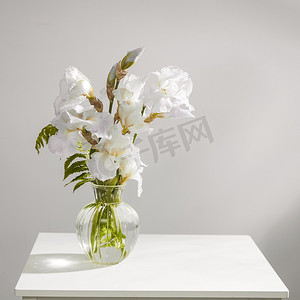 桌子上透明花瓶里放着一束三朵白色鸢尾花和一株蕨类植物。