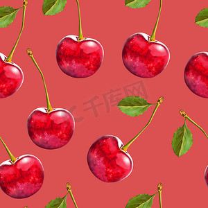 绿色食物插图摄影照片_插图现实主义无缝图案浆果红樱桃与绿叶红色背景