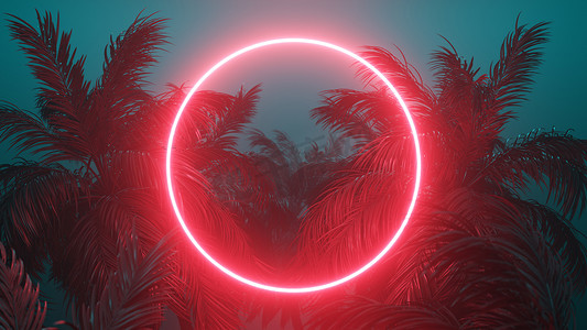 Retrowave 热带场景棕榈树和发光框架 3d 渲染