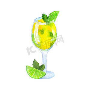 手绘鸡尾酒摄影照片_水彩手绘插图与绿黄色鸡尾酒莫吉托薄荷石灰柑橘片。