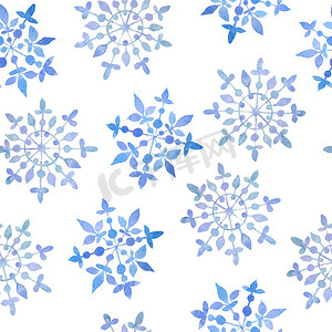 蓝紫色水彩背景摄影照片_水彩手绘无缝图案与蓝色优雅的雪花圣诞新年设计包装纸纺织品。