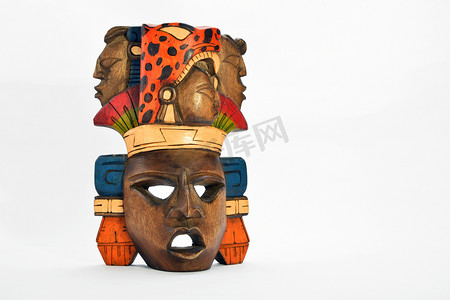 玛雅人摄影照片_印度玛雅阿兹特克木绘面具与咆哮的美洲虎和 h
