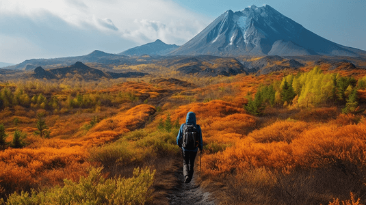 俄罗斯远东堪察加半岛的火山景观背景是黑色的火山沙和白