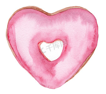 甜甜圈手绘摄影照片_水彩手绘心形粉红色釉面甜甜圈隔离在白色背景