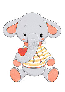 小象手绘摄影照片_可爱的小象，穿着条纹毛衣，心形