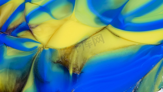 流体绘画艺术，蓝色、紫色、黑色和黄色的大理石抽象。
