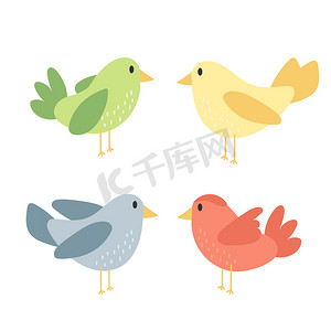 可爱的鸟类动物-手绘卡通矢量在白色上绘制简单的风格
