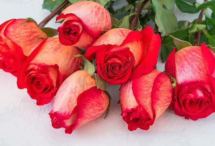 一束美丽的黄红玫瑰位于浅色背景上，具有石膏质感