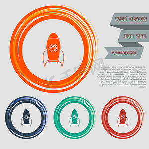 红色、蓝色、绿色、橙色按钮上的火箭图标为您的网站和设计与空间文本。