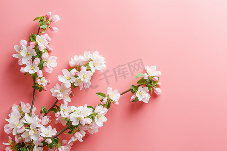 粉色春天模板摄影照片_樱花盛开，粉红色背景上的春天花朵，有空间容纳问候语。