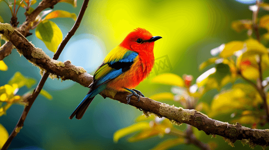 一只坐在树枝上的五颜六色的鸟