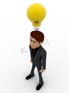 3d 立体人思考和黄色灯泡概念