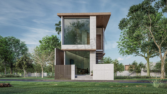现代房屋与自然景观的 3D 渲染插图