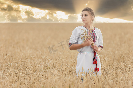 麦田里穿着乌克兰民族服装的女孩