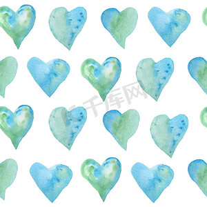 无缝水彩手绘图案，绿色蓝色绿松石心，用于圣情人节织物包装纸。