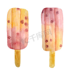 手绘水果冰棒摄影照片_两个水果冰棒冰淇淋元素的水彩手绘插图。