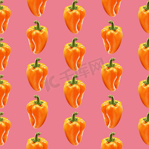 蓝色背景上的插图现实主义无缝图案蔬菜辣椒粉橙色。
