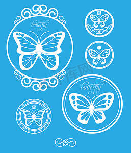 飞纹摄影照片_一套复古蝴蝶标签、标志和设计元素。