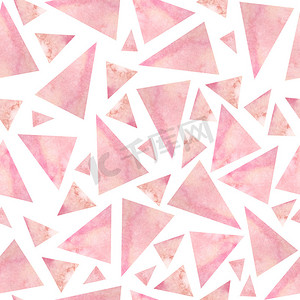 腮红手绘摄影照片_无缝水彩手绘时尚图案与现代当代几何三角形状的粉红玫瑰黄色腮红颜色，婴儿淋浴纺织面料包装纸。