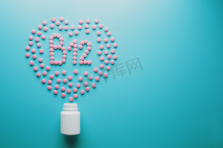 蓝色背景中心脏中 B12 形式的粉色药片，从白色罐头低对比度中溢出