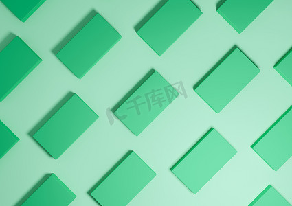 明亮的绿松石绿色，3D 渲染最小，简单，现代的顶视图平躺产品展示从上面的背景与重复的方形支架的图案