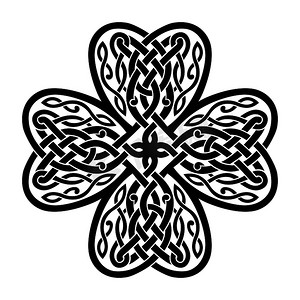 四叶三叶草形结由凯尔特心形结制成，黑白轮廓，凯尔特风格。