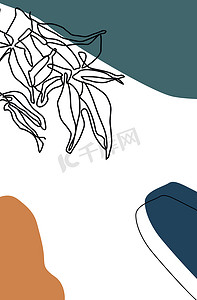 白色、蓝色和棕色背景上抽象花朵的单线画