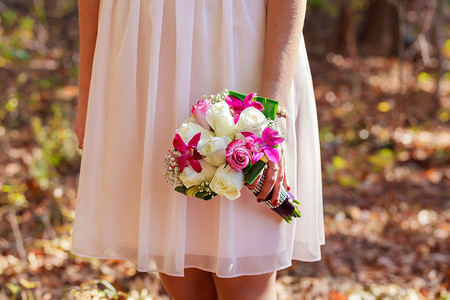 手捧白玫瑰摄影照片_身穿粉红色衣服的新娘手捧新娘花束