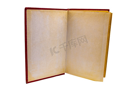 打开的旧书摄影照片_一本开放旧书的黄页在白色背景。