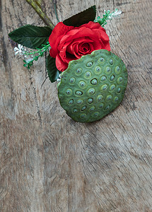 创意木板背景摄影照片_红色玫瑰花和新鲜绿色莲子荚在旧木板背景。