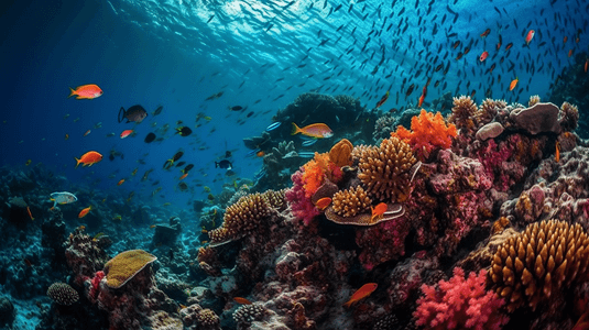 水肺红色的埃及海珊瑚礁有硬鱼类和阳光明媚的天空通过清洁水照光下照片